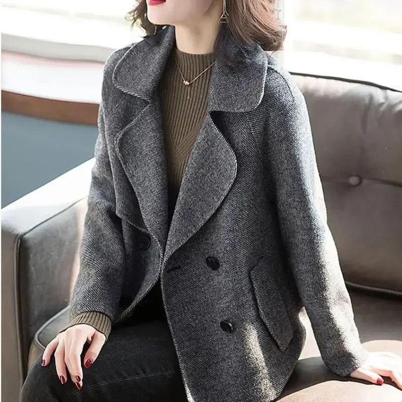 Blazer Wool Blend Coat for Women Half Short Double Breasted Trendy Long Sleeve Mixtures Jacket Woman Cheap Outerwears New In Hot - 2