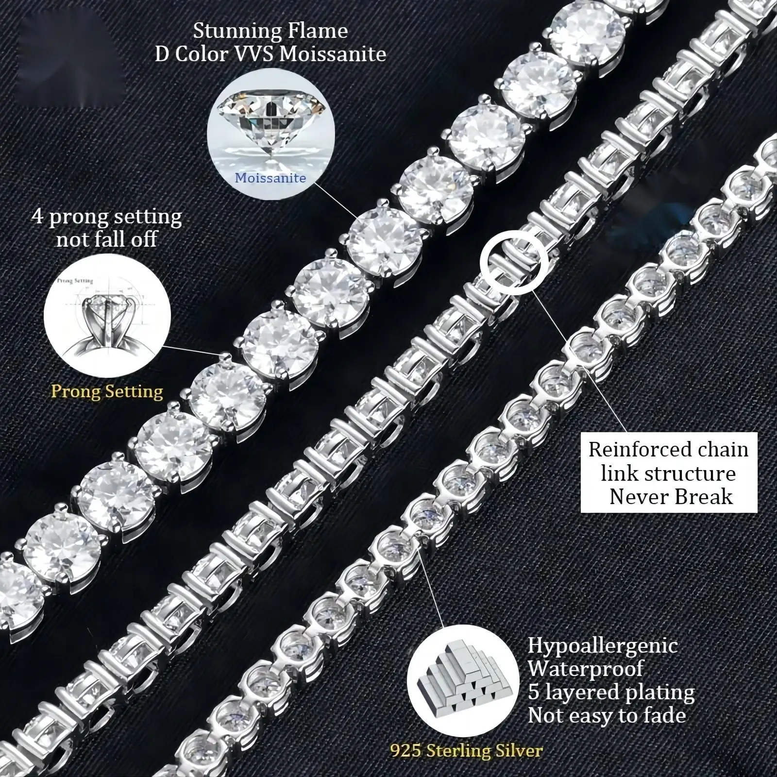 TOPGRILLZ 3-5mm Pass Diamonds Test Moissanite Necklace 925