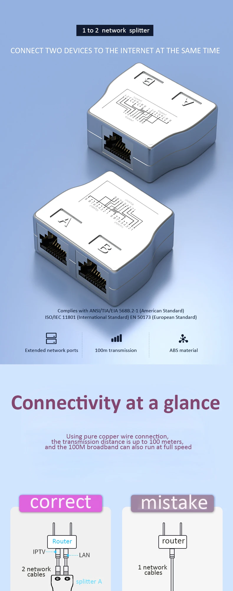 1x rj45 a 2x rj45, conector protegido