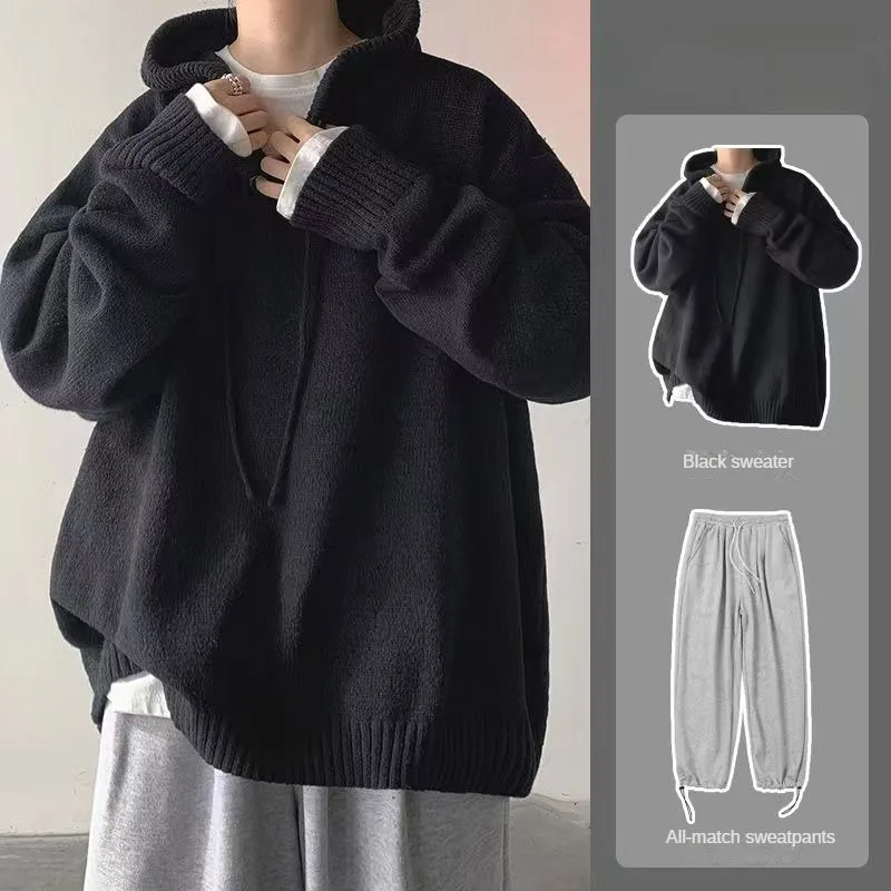 Hooded High Neck Sweater for Men in Spring Autumn Loose Lazy Style Sweater for Japanese Vintage Men's Outerwear Sweater Jacket