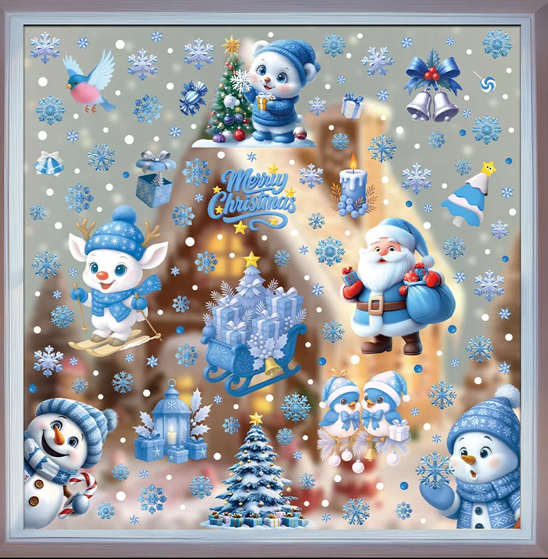 Christmas Decorative Stickers Cartoon Santa Snowmen Bells Static Window Glass Stickers for Holiday Party Decor