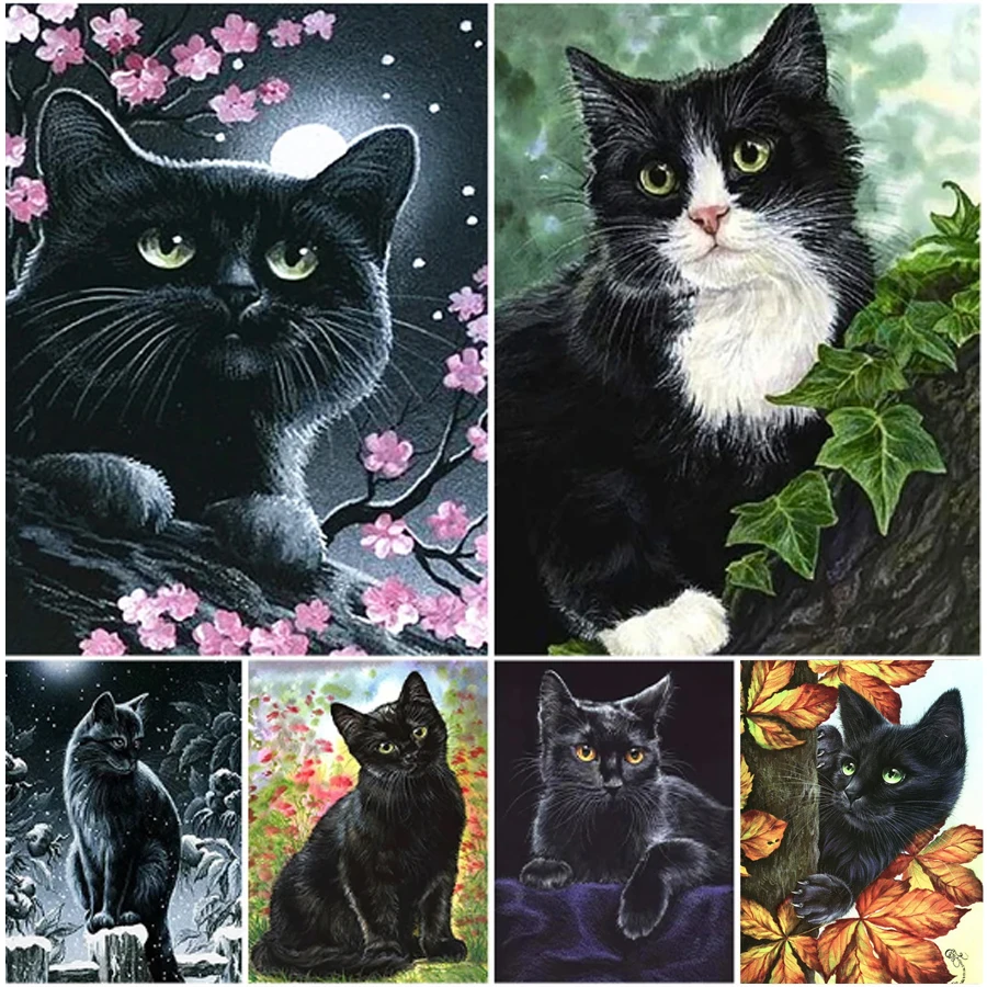 

Алмазная 5D картина «сделай сам», черная кошка, полная квадратная, круглая бриллиантовая мозаика, Набор для вышивки крестиком, наклейки на стену комнаты