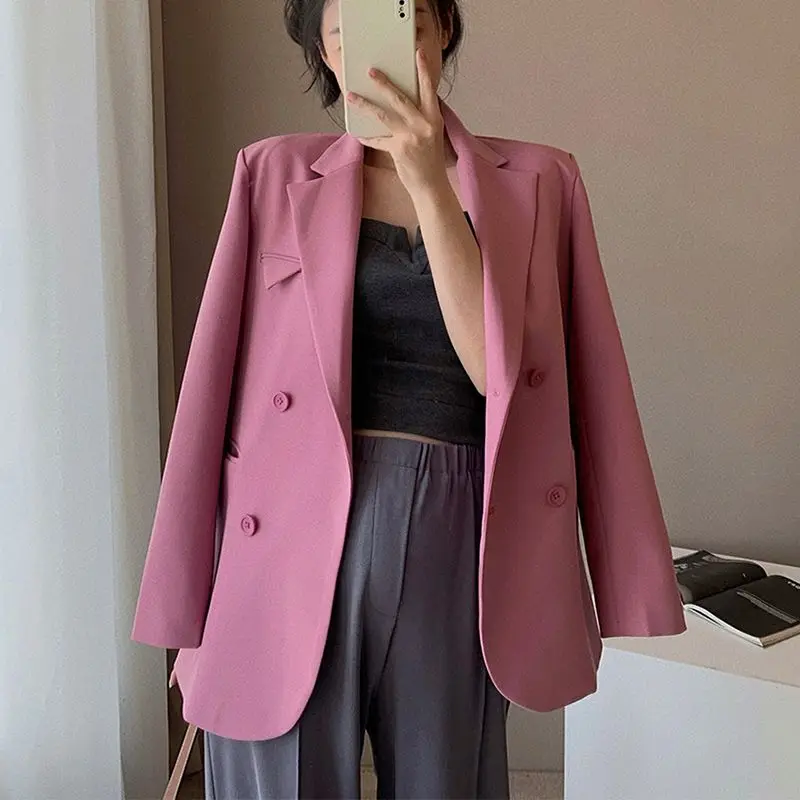 Women Spring and Autumn Small Suit Double Breasted Leisure Solid Color Button Pocket Splicing Long-sleeved Cardigan Coat