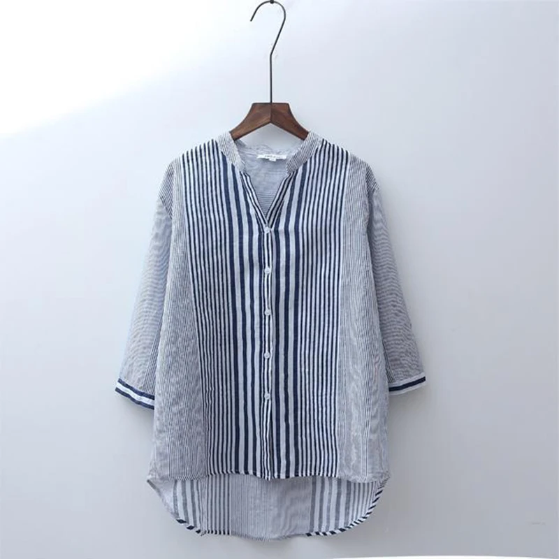 

Женская Асимметричная рубашка из чистого хлопка, свободная повседневная рубашка средней длины в полоску с V-образным вырезом и короткими рукавами, корейский стиль