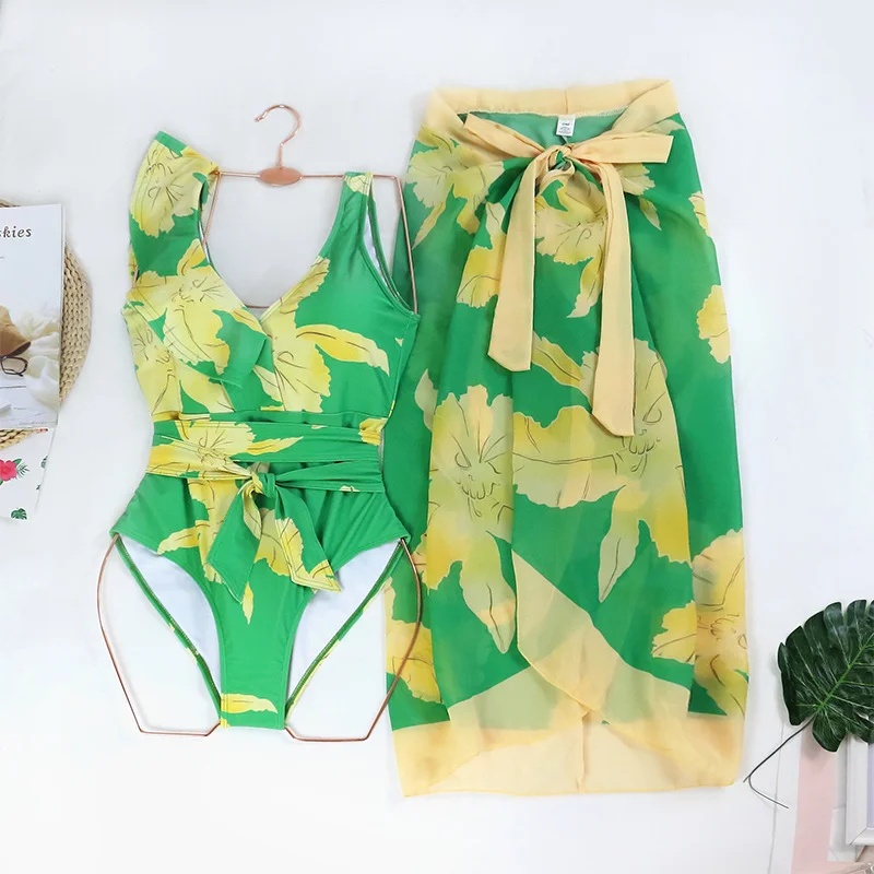 Bodysuit Bikini Sets Women With Long Skirt Cover Ups Bathing Suit Fashion New Print Elegant Sexy Beach Holiday Bodysuit Swimwear