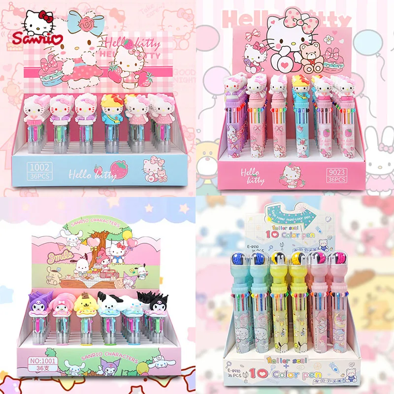 

Sanrio 12/24pcs Multicolor Ballpoint Pen School Stationery New Hello Kitty Cute Cartoon Press 10 Color Hand-Held Pen Student Gif