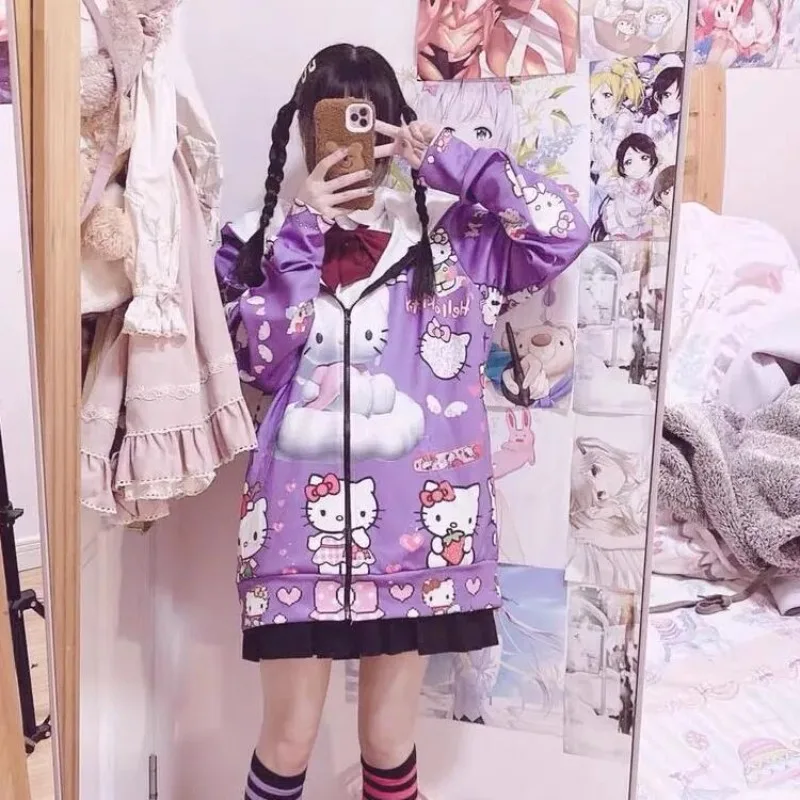 

Japanese kawaii soft sister cartoon cat jacket student Harajuku cute second element JK uniform zipper Womens Jackets and Coats