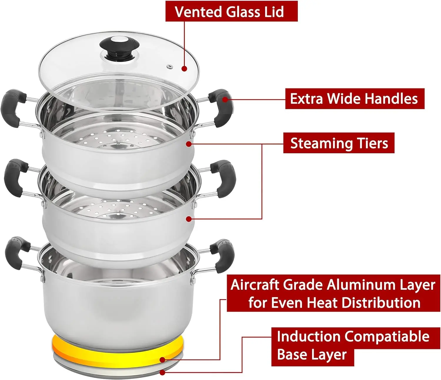 10" Stainless Steel 3 Tier Steamer Steaming Pot Cookware 24 CM (Induction Compatible) 4