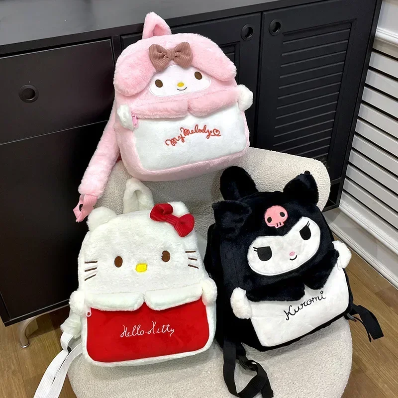 

Женская милая сумка Sanrio, Hello Kitty Melody, милый мультяшный Повседневный детский бархатный рюкзак для девочек, Студенческая плюшевая сумка для поездок, праздничный подарок