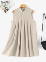 ZANZEA Elegant Sleeveless A-line Vestidos 2024 New Chinese Dress Women Pleating Party Dress Vintage Fashion Mandarin Collar Robe - Image 5