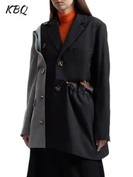 KBQ High Street Spliced Drawstring Blazers For Women Notched Collar Long Sleeve Hit Color Tunic Chic Blazer Female Clothing New
