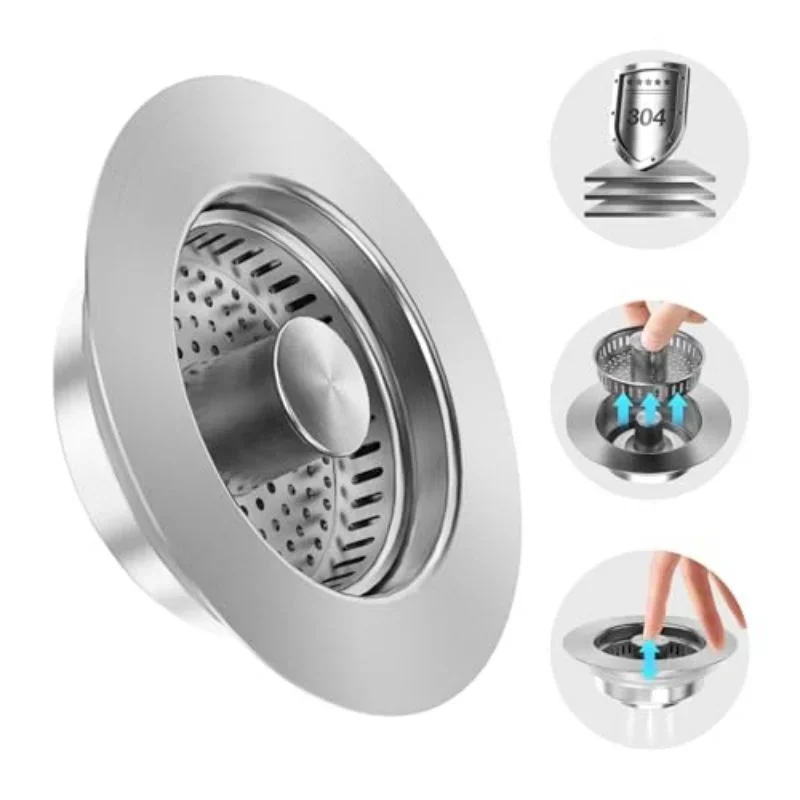 3 in 1 Kitchen Sink Strainer Stainless Steel Pop-Up Stopper Removable Anti Clogging Food Strainer