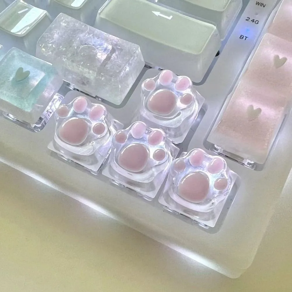 1/4 Pcs Cute Translucent Cat Paw Keycap Cross Axis Pink Blue Mechanical Keyboard Key Cap DIY Cartoon ESC WASD Keycaps