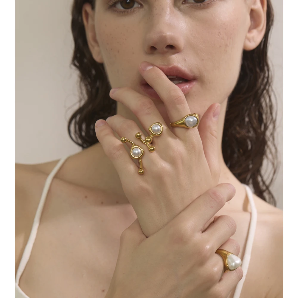 Yhpup Ring Design Pearls Geometric Adjustable