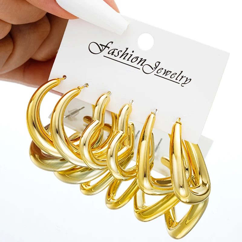 3pcs Gold Plated Chunky Earring Set for Women Big Circle Geometric Tear Drop Glossy Earrings Lightweight Fashion Jewelry Gifts