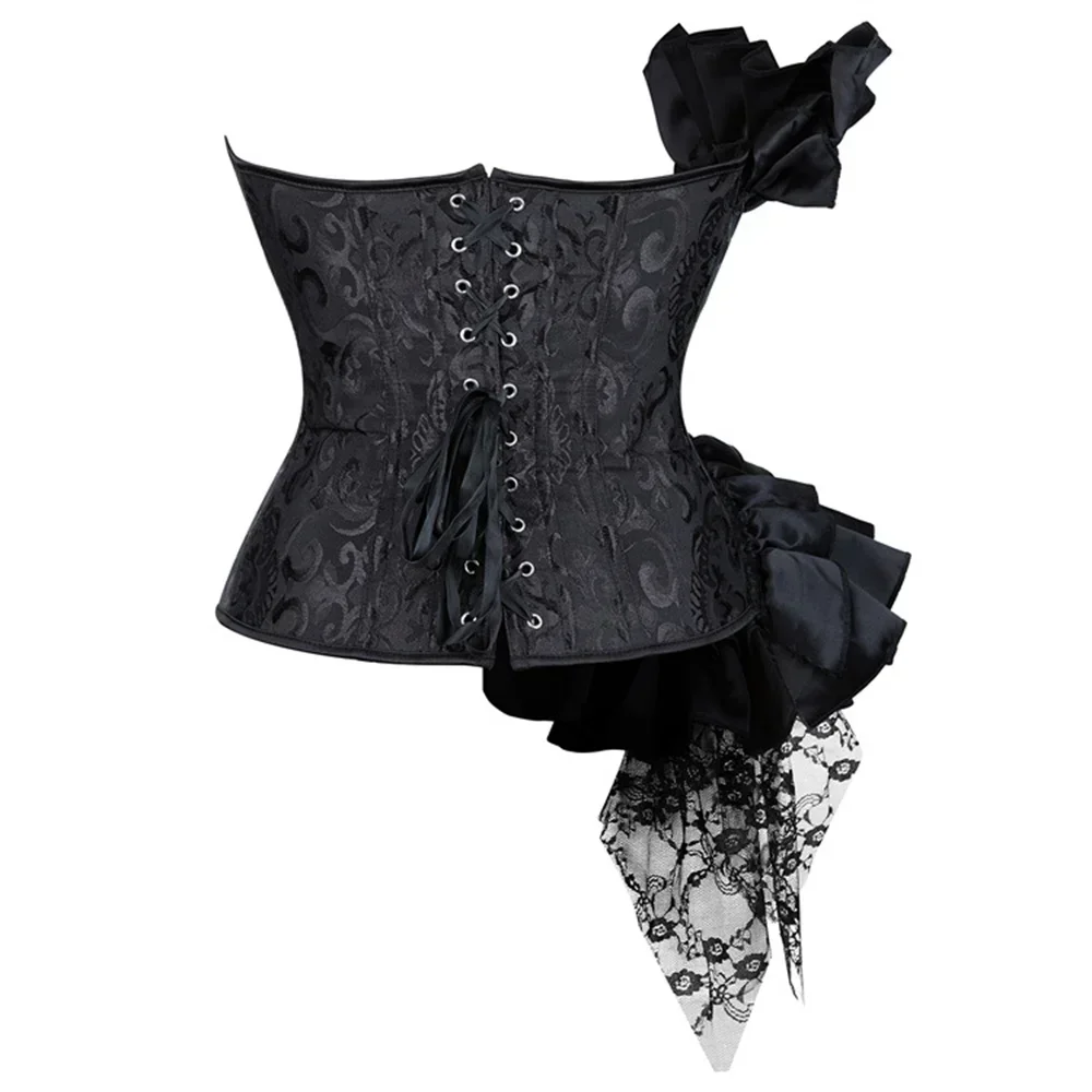 Women Black Bustiers And Corset Top Ruffle Lace Decoration Gothic Waist Trainer Body Shaper Sexy Masquerade Corsets