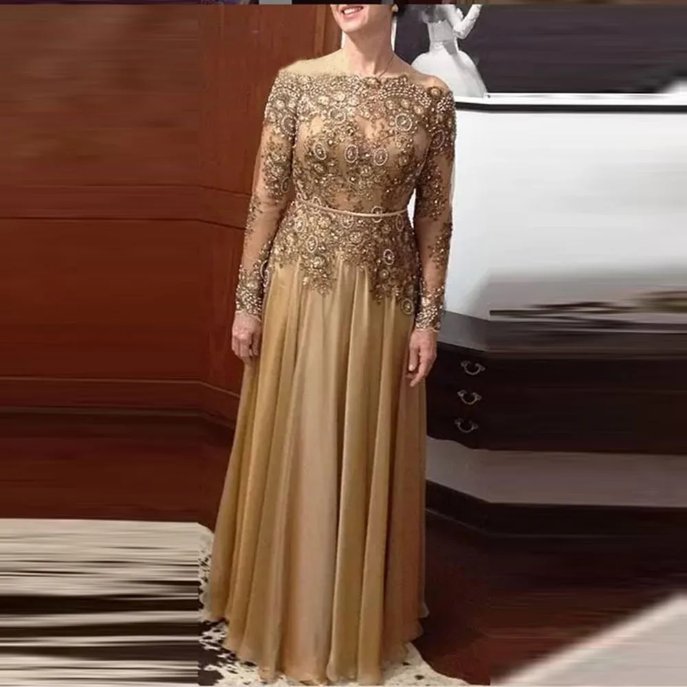 

Gold Long Sleeve Mother Of The Bride Dresses For Weddings Elegant Lace Gowns Groom Mother Godmother Dinner Dresses