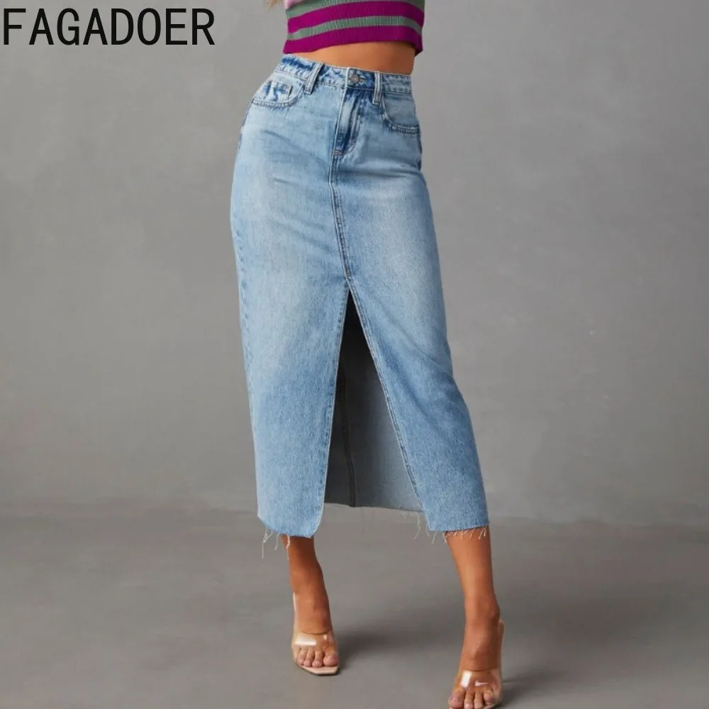 FAGADOER Fashion New Denim Slit A-line Skirts Women High Waist Button Pocket Loose Straight Skirts Spring Female Cowboy Bottoms