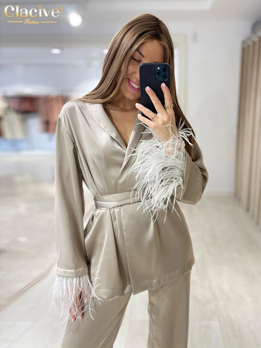 

Clacive Causal Loose Home Suit Autumn Fashion Khaki Satin Wide Pants Set Elegant Long Sleeve Lace-Up Robes Two Piece Set Womens