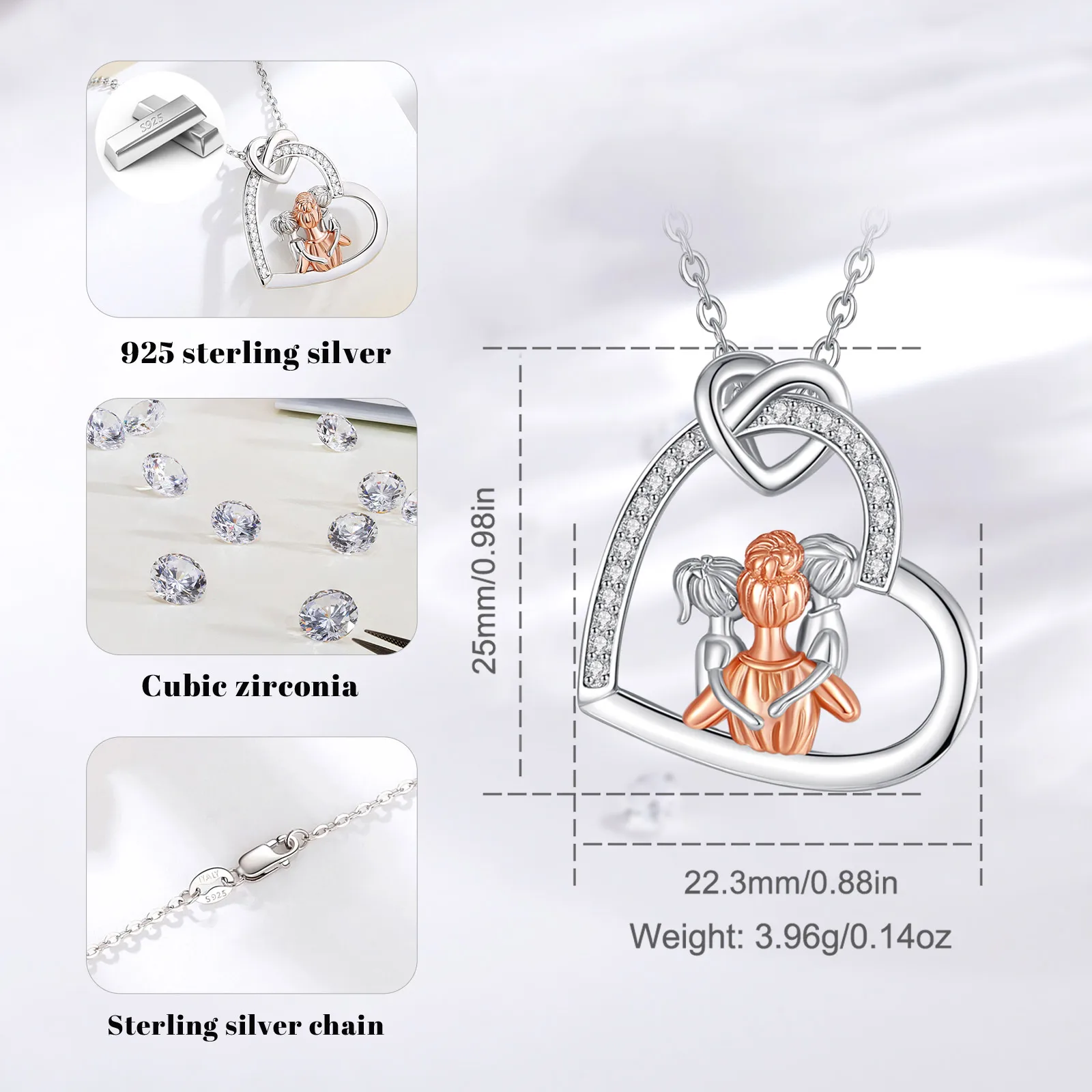 Silver Pendant Necklace 925 Sterling Silver Mother Kids Heart Zircon Rose Gold Mom Boy Girl