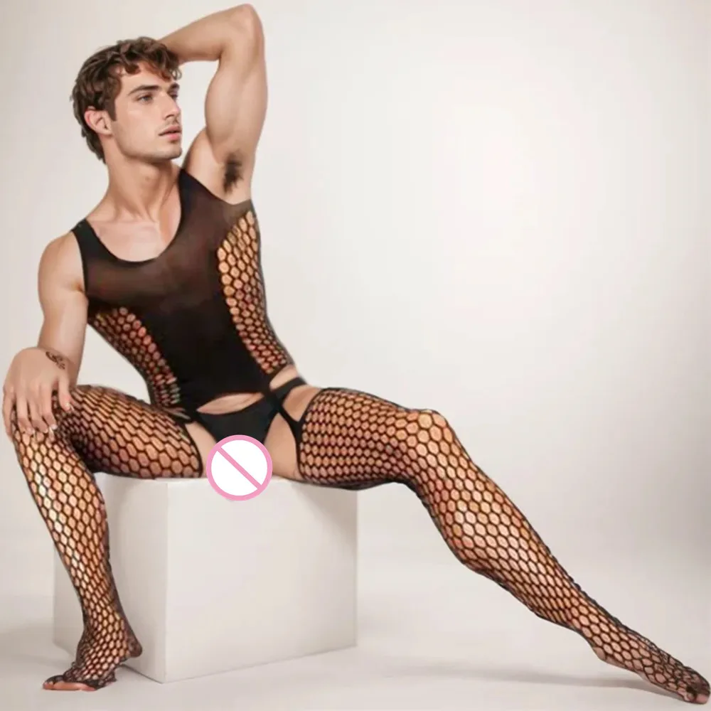 Transparent Temptation One-piece Fishing Net Jumpsuits O Neck Bodysuit Porn Sissy Lingerie Gay Couple Sex Date Clothes