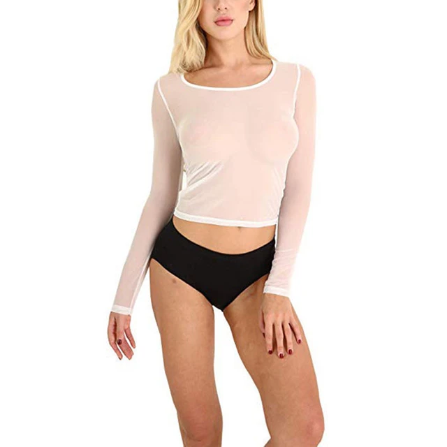 Sexy Women Mesh See-Through Long Sleeve Shirt Ladies Gauze Slim Fit  Clubwear Top