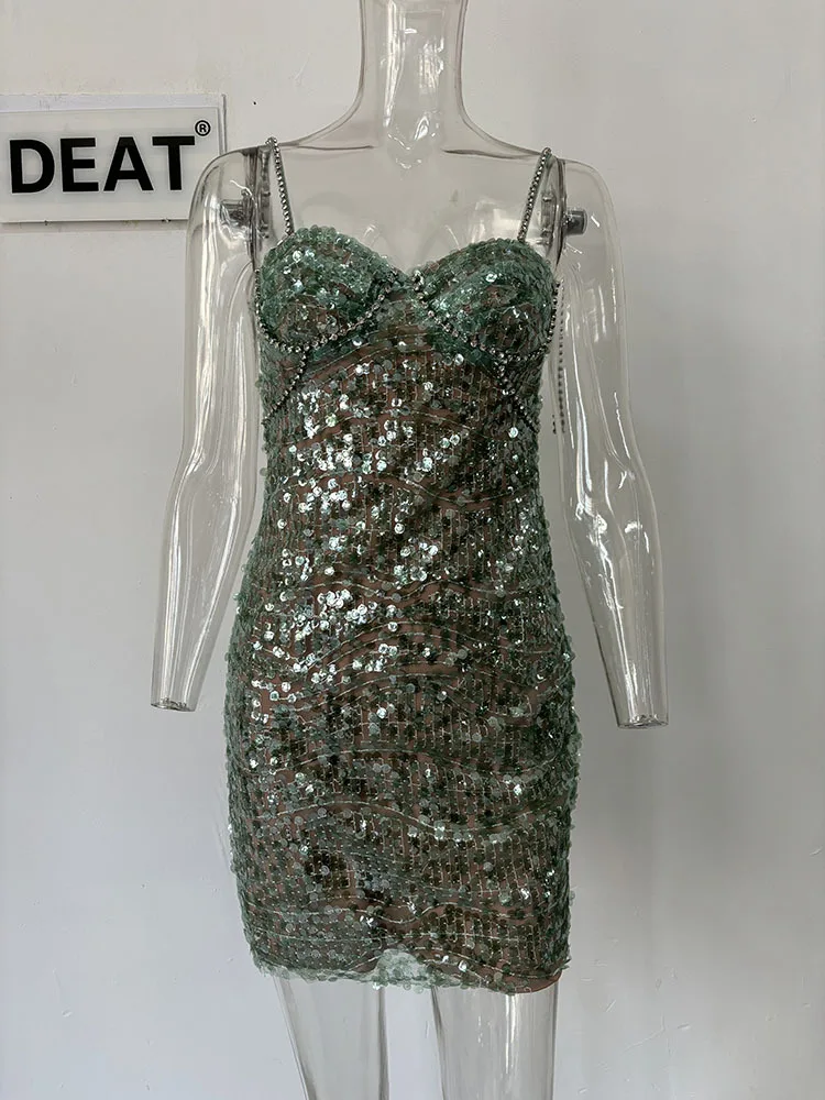 DEAT Heavy Industry Diamond Chain Pearl Suspender Dresses Women For Women 2024 Summer New Party Strap Dress Female 29L7707