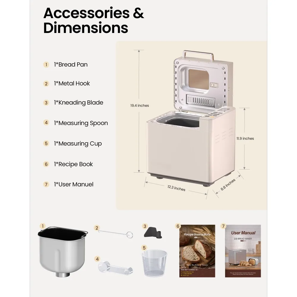 25-in-1 Bread Maker Machine with Automatic Dual Dispenser, 2LB Stainless Steel Breadmaker with Gluten-Free 6
