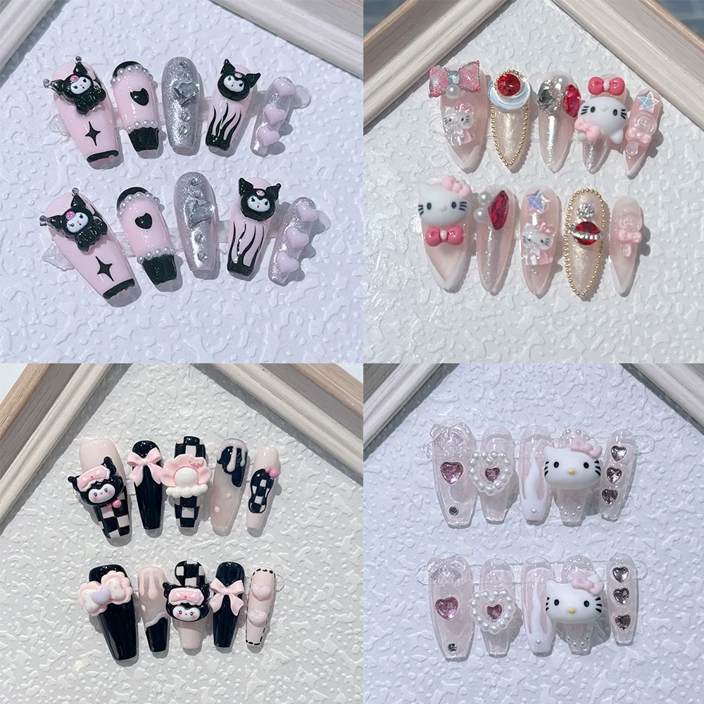

Sanrio кавайные милые накладные ногти Hello Kitty ручной работы милые мелодии лук накладные ногти школьный аксессуар для пары Праздников Подарок