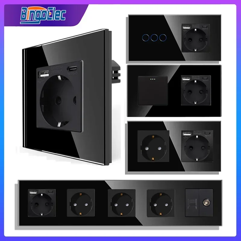 Tomada de Parede Padrão da ue com Usb Interruptor de Luz tipo c Painel de Cristal Preto Saída do Interruptor com Rede de tv Interface Cat6