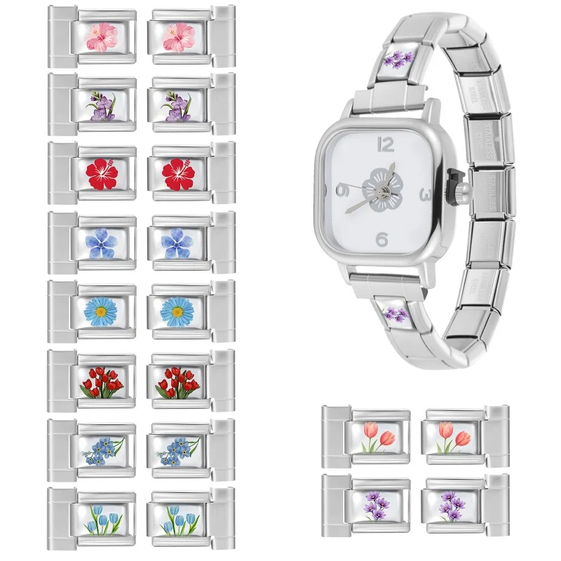 Tulip Rose Flowers Cherry Watch Connector Linker Bridal Jewelry Stainless Steel