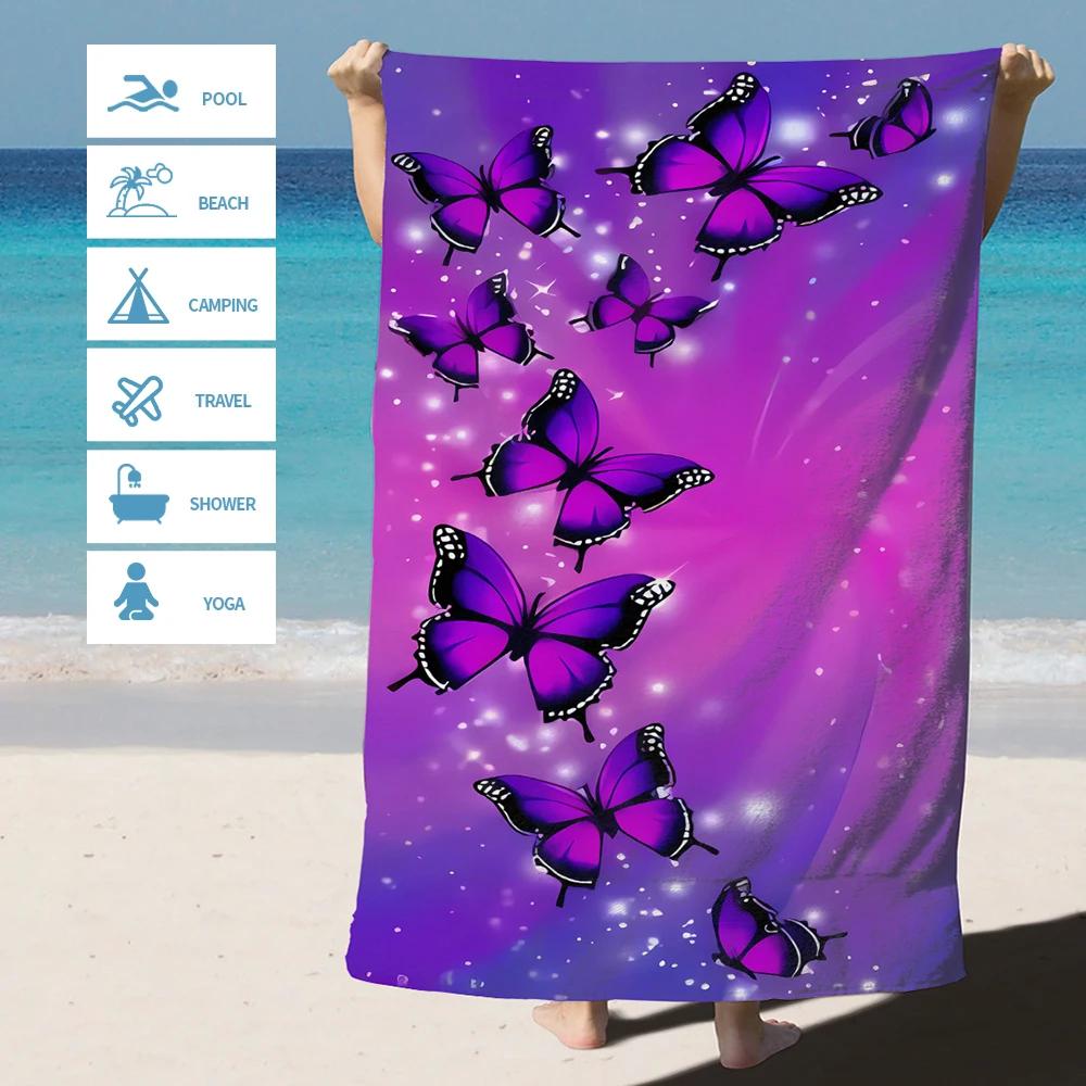 Serviette de plage microfibre papillon violet anti-sable séchage_voghion.com