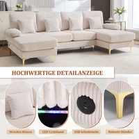 Современный U-диван со светодиодной подсветкой и каркасом из цельного дерева с портом USB-C, 4 роскошными подушками и эргономичной спинкой премиум-класса — изображение 5