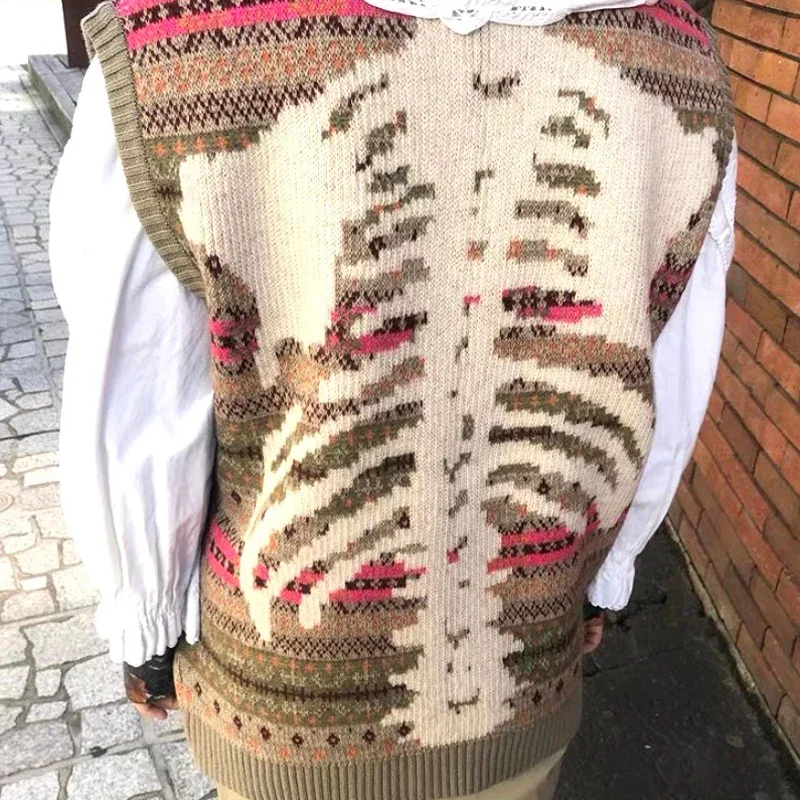 Annual Jia Brand Non Kapital Vintage Hirata Skeleton Printed Round Neck Men's Ethnic Retro Pattern Knitting Loose Sweater Vest