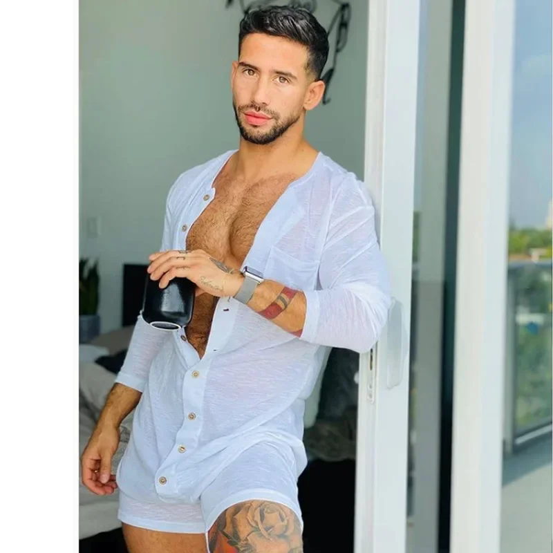 Men Adult Onesies Solid Color Tight Jumpsuit Homewear Clothes Long Sleeve Sexy Short Mens Jumpsuit Onsies Pajamas