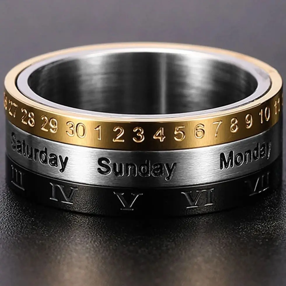 Men's Finger Rotatable Calendar Anxiety Male Ring Time Week Date Numerals Fashion Black Spinner Rings For Men Treatment Fidget fidget rings finger rings jewelry rings ring jewelry