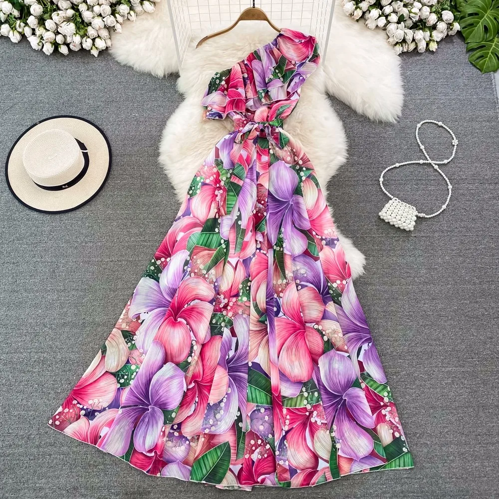 

Chic Ruffle Elegant One Shoulder Floral Print Dress Beach Vacation Evening Party Diagonal Collar Dress Women Summer Vestidos