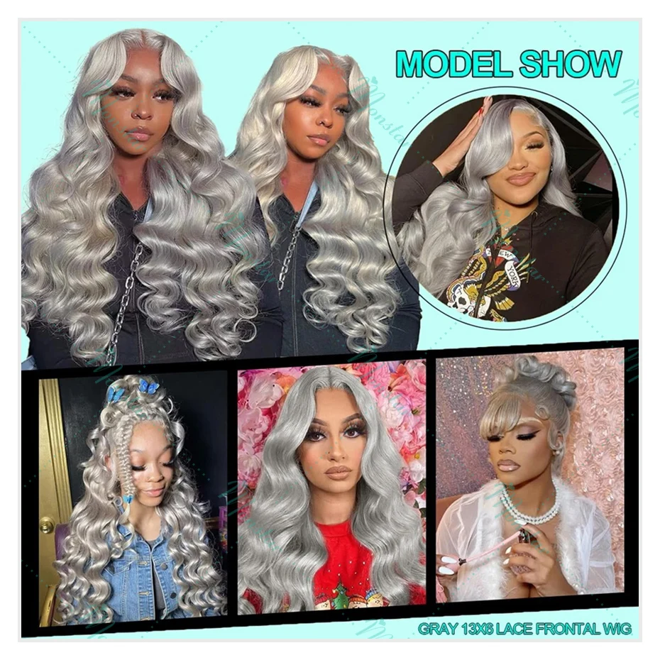 Silver Grey Colored Body Wave Human Hair Wigs Remy Brazilian Wigs Original Pre Plucked 13x6 Hd Lace Frontal Wigs For Black Women 3