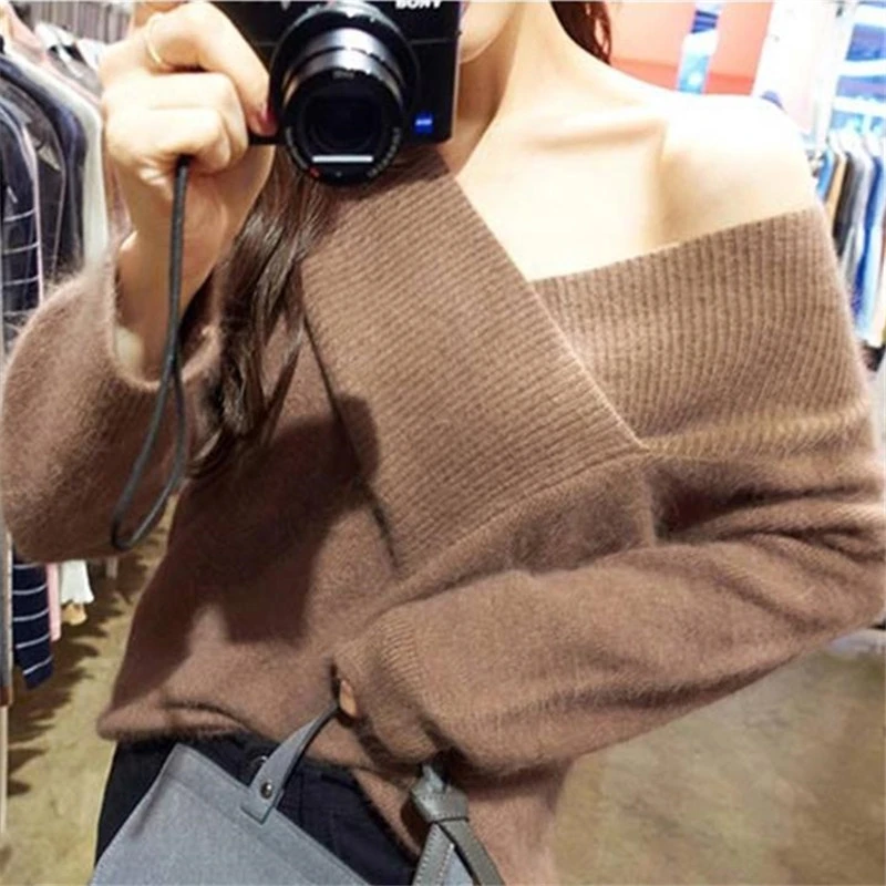 Autumn and Winter New Sweater Female Sexy V-neck Off-the-shoulder Pullover Fashionable Knitted Long-sleeved Solid Color Sweater