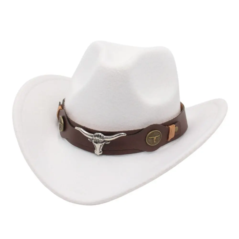 

Felt Western Cowboy Hat Ox Head Accessories with Cow Band Tibetan Style Top Hat Soft Ethnic Style Roll Brim Cowgirl Cap Women