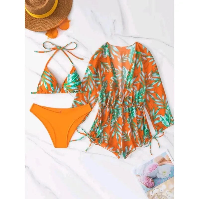 New Three-Piece Set Bikini Women's Beach Sun Protection Printed Blouse Swimwear Wholesale