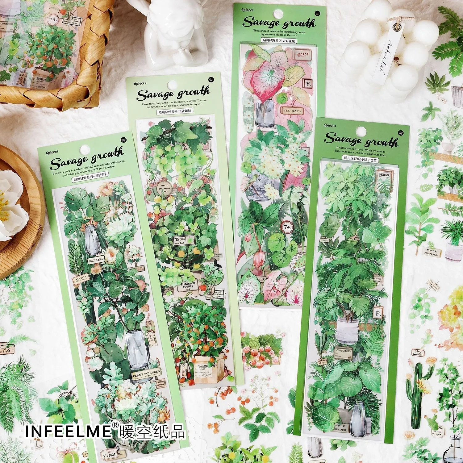 

6 Sheets Fresh Green Plant PET Stickers For Scrapbooking DIY Decorative Material Collage Journaling