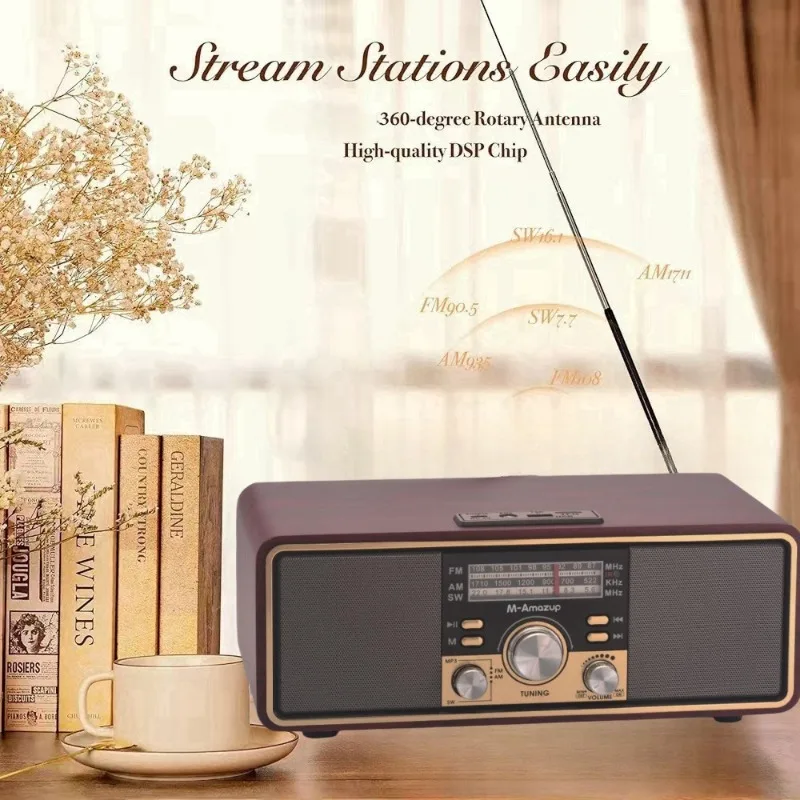 Nostalgic Retro Wooden Bluetooth Speakers Stereo Radio Wireless Subwoofer with AM/FM/SW Multi-band Support AUX USB TF Card Slot