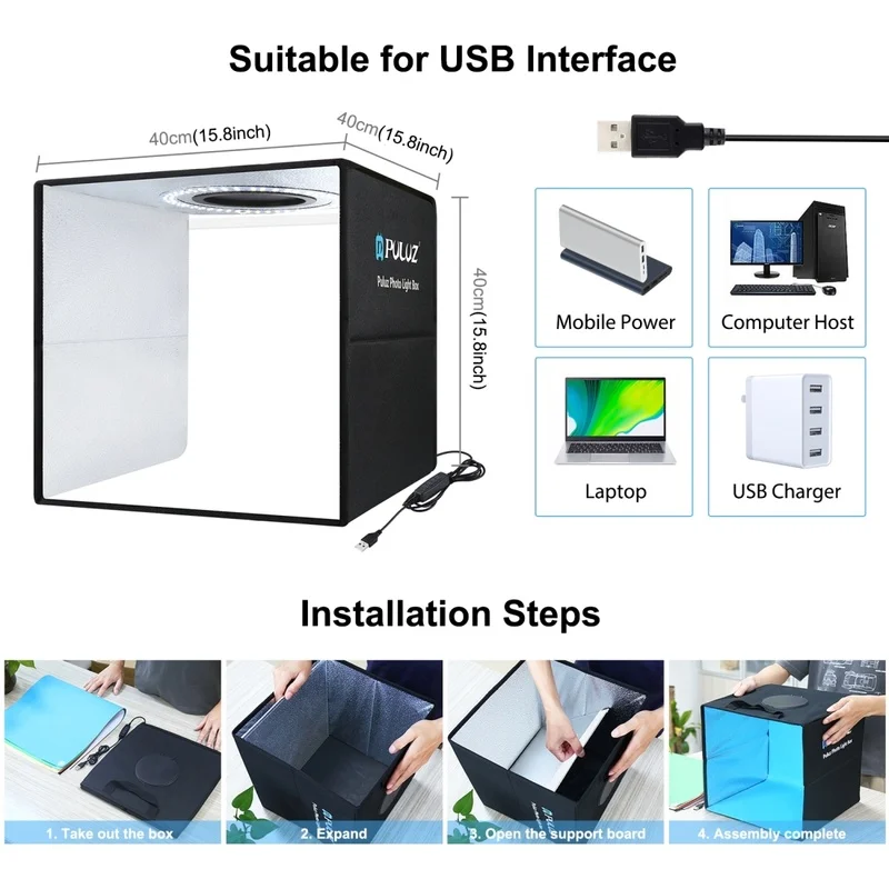 40CM Portable Folding Ring Light Box Photo Booth Studio Photography Backdrops Lighting Jewelry Product Picture Tent Led White