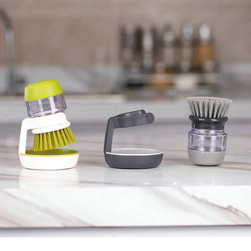 Dish Brush With Soap Dispenser Palm Brush Dish washing Kitchen Scrub Brushes With Holder Drip Tray images - 6