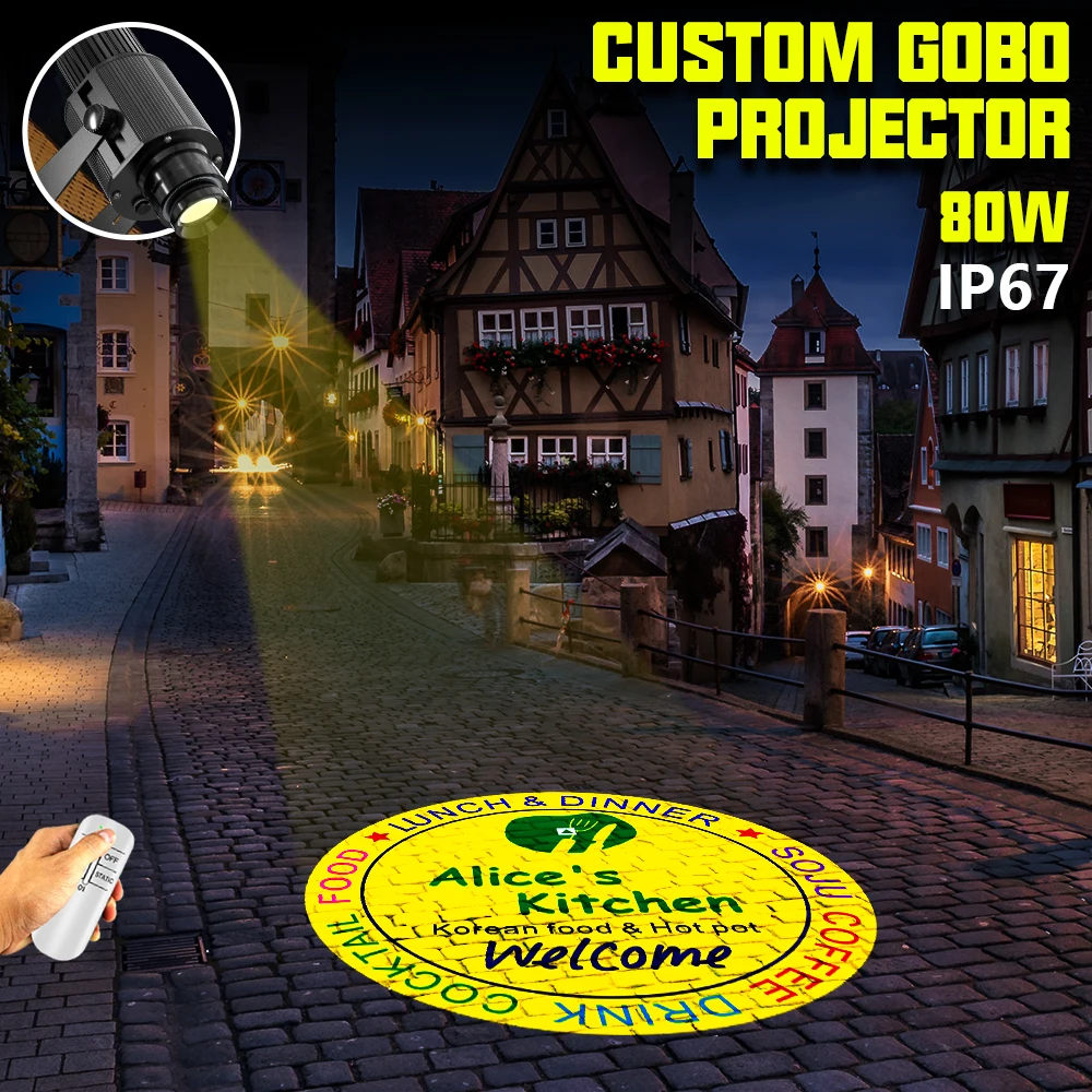 

Пользовательская реклама Gobo 80 Вт, внешняя фотолампа, водонепроницаемый IP67, вращение изображения, светодиодный проектор логотипа на входе магазина, задний пол