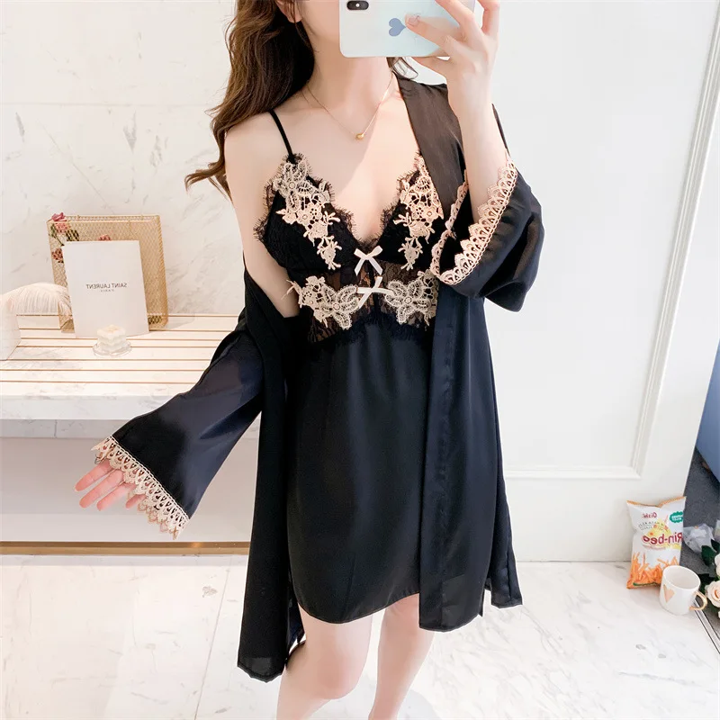 Black 2PCS Kimono Robe Set Summer New Women Home Clothing Intimate Lingerie  Casual Bathrobe Gown Sleepwear Sexy Lace Nightgown - AliExpress