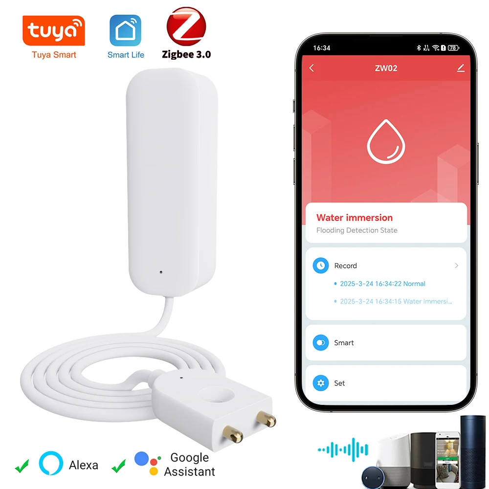 tuya zigbee 3.0 Water Leakage Sensor APP Remote Control Work With Alexa Smart Life Yandex Alice