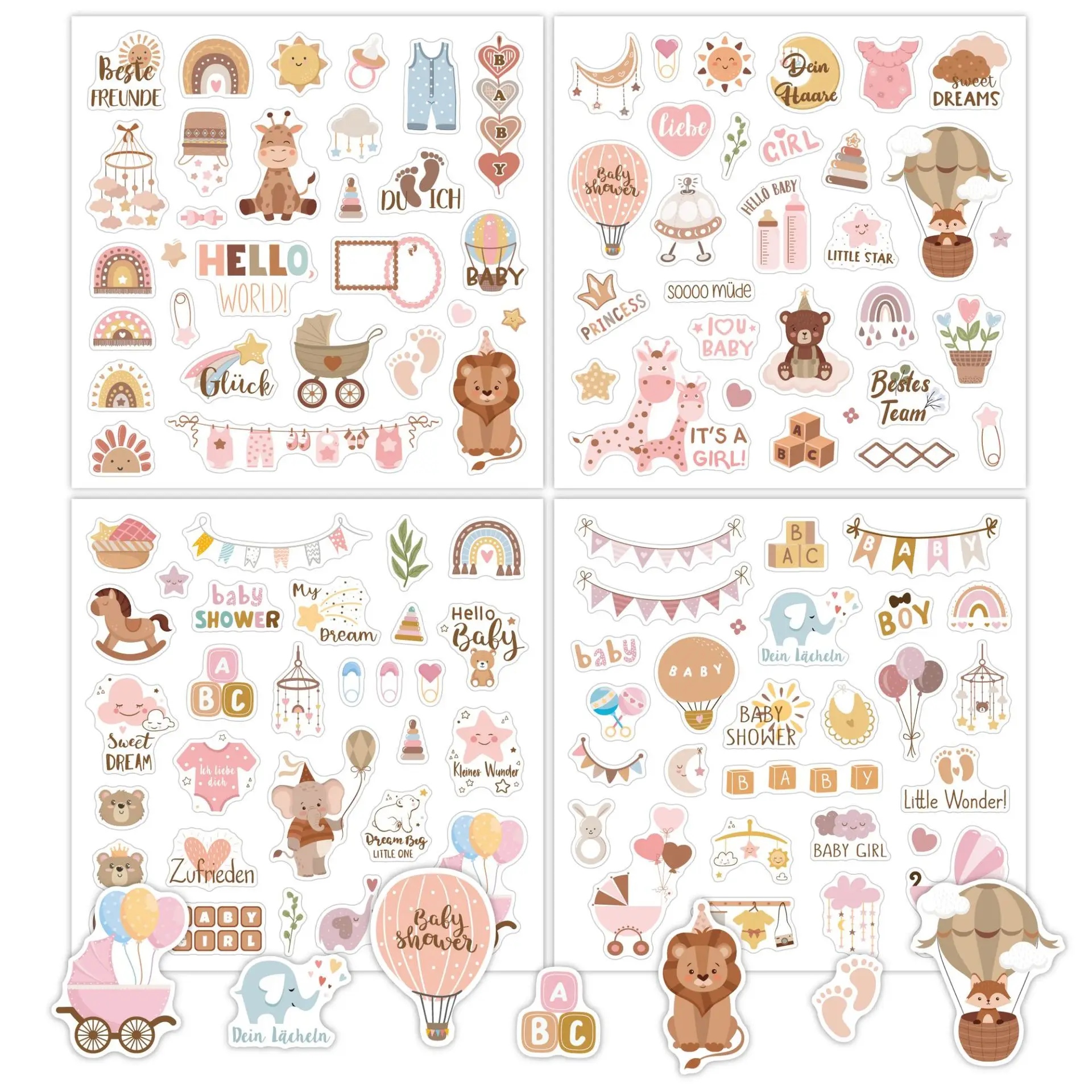 110pcs/4 sheets Germany Baby Scrapbooking Stickers Toddler Sticker for Baby Girl Boy Newborn Baby Shower DIY Crafts, Photo Album
