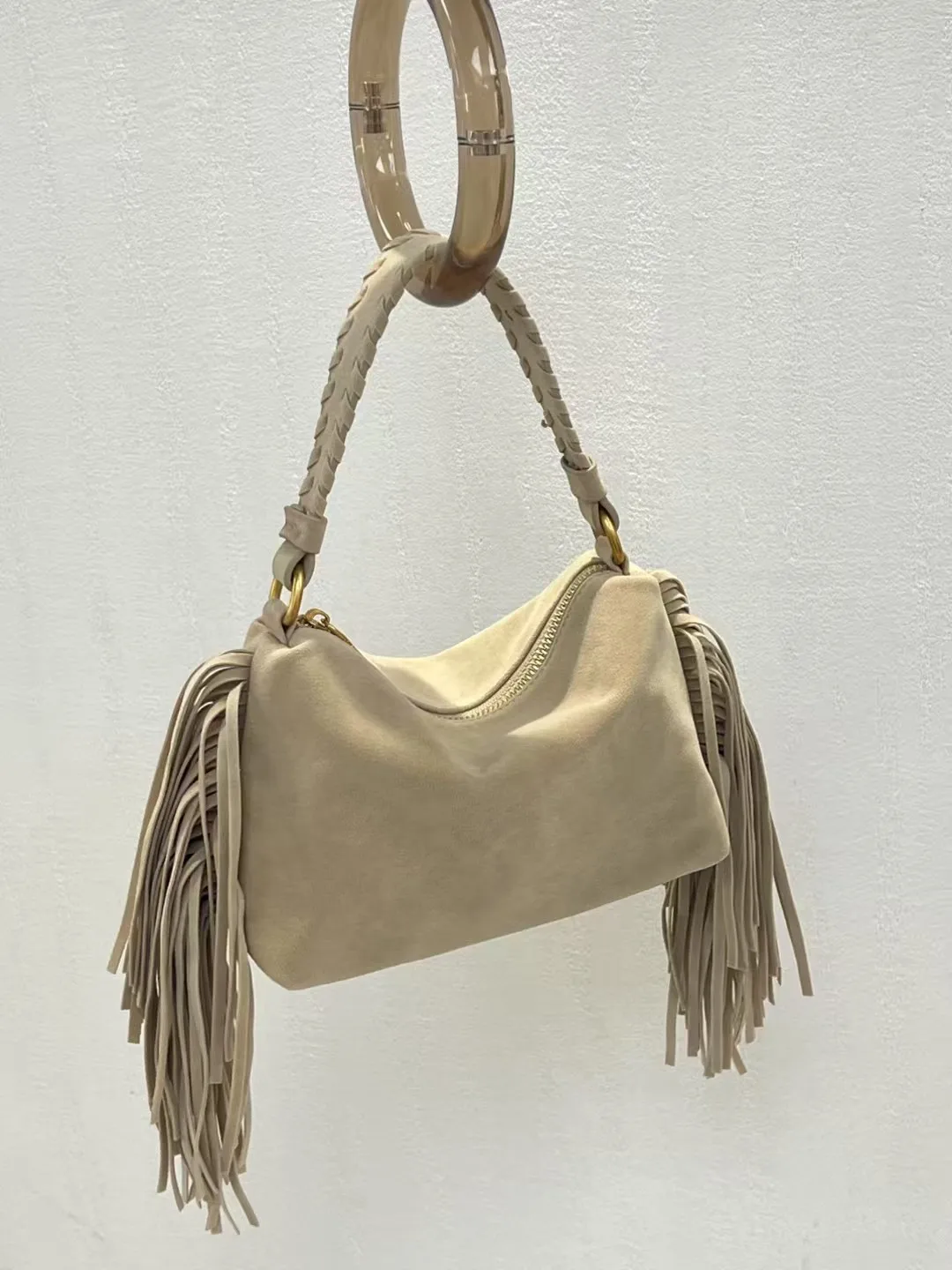 Casual Simple Women Faux Suede Tote Bag Boston Crossbody Handbag Fashion Autumn Elegant Sand Fringe Tassel Shopping Bag